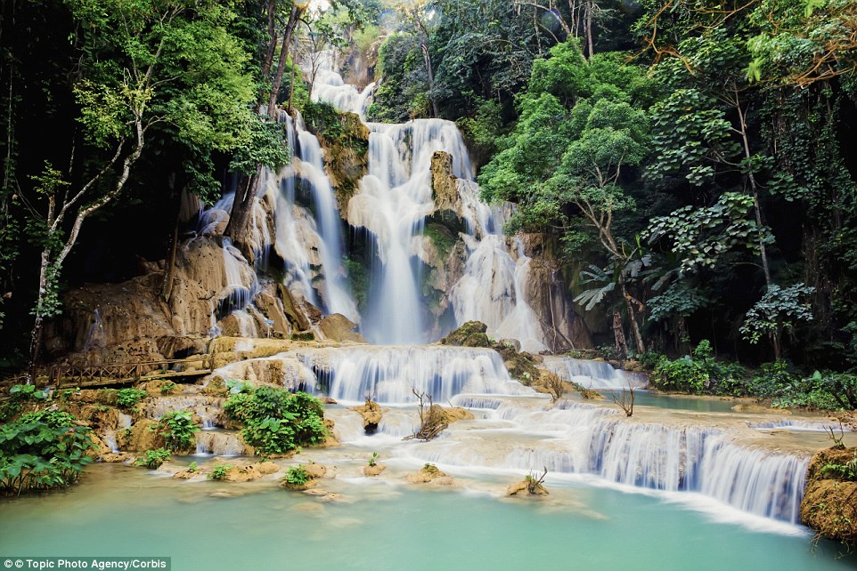 In Luang Prabang, Laos, the three-tier Kuang Si Falls