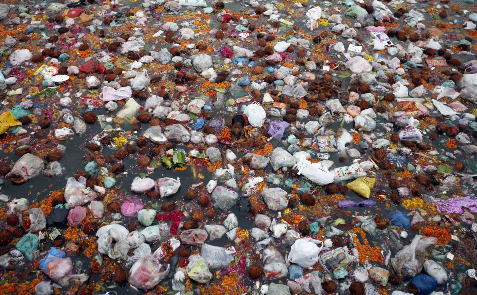 garbage-infested Sabarmati River in Ahmedabad, India