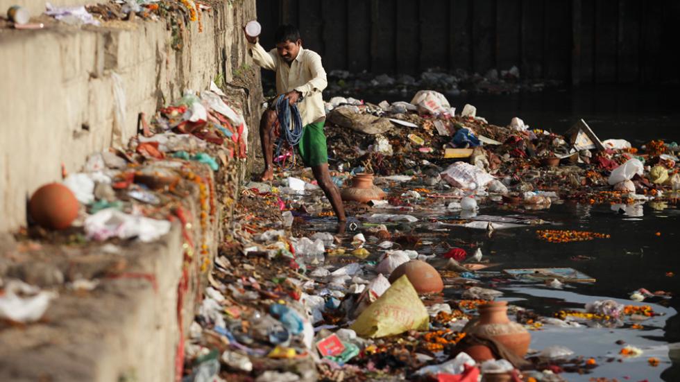 Hindu bathing site in the polluted Yamuna river in New Delhi.