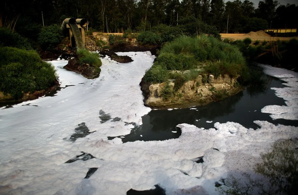 Raw sewage spills directly into the Yamuna River at the northern edge of New Delhi.