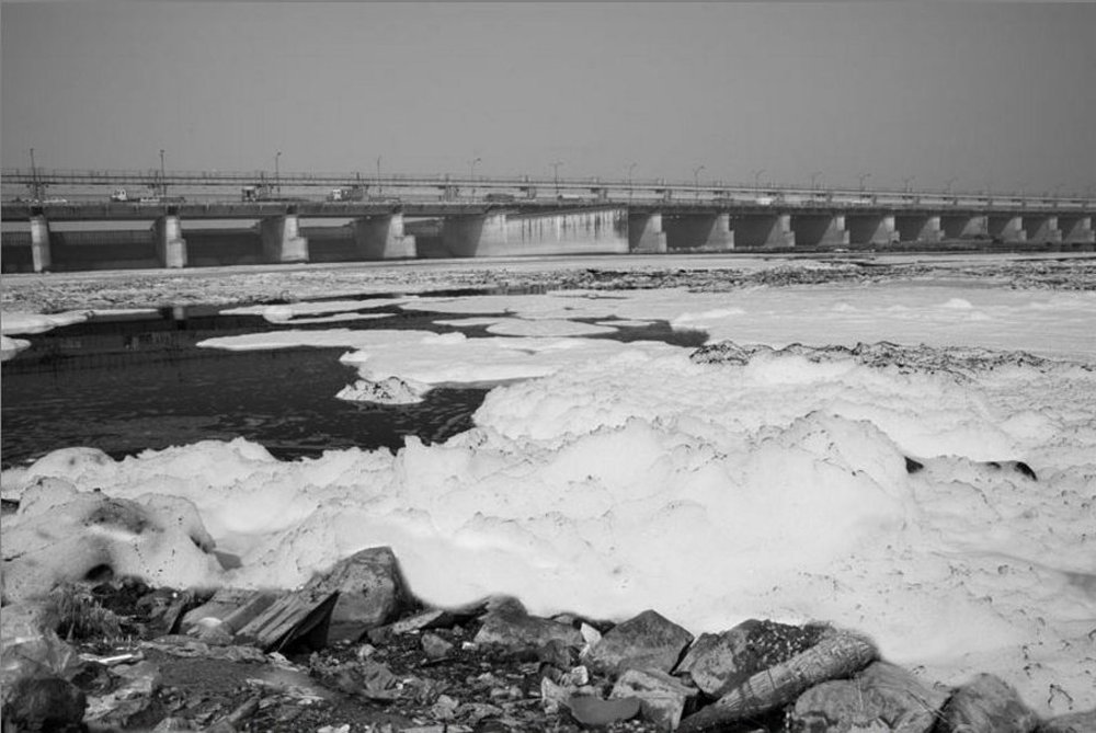 Streach of Yamuna polluted with untreated industrial wastewater in South-East district, New Delhi