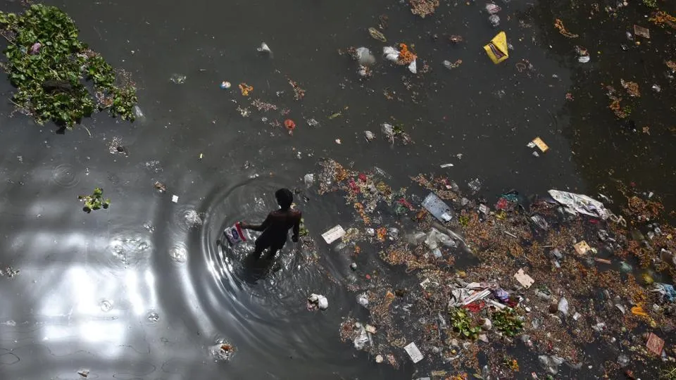 The bank of the polluted Yamuna River, on the outskirts of New Delhi