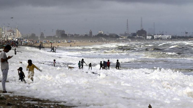 Disturbing Pictures of Marina Beach Covered in Toxic Foam Indicate Pollution Hazard