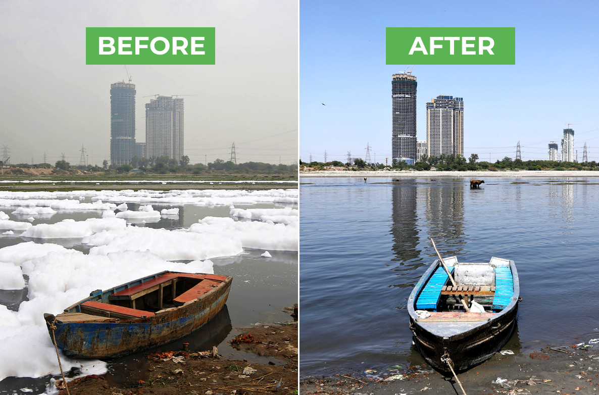 Yamuna River water clean during coronavirus lockdown - Before After Images