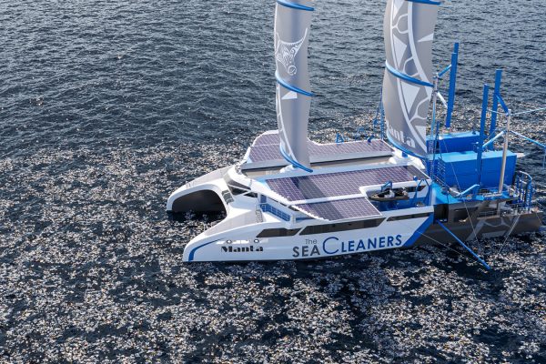 Plastic waste consuming sailing catamaran concept - Manta