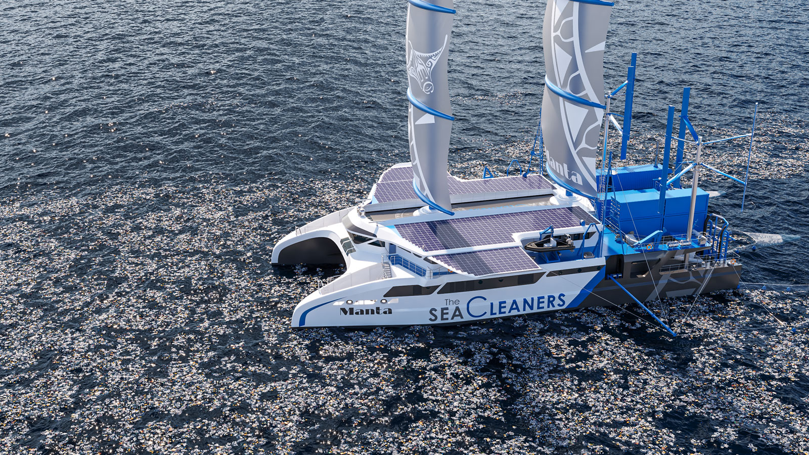 Plastic waste consuming sailing catamaran concept - Manta