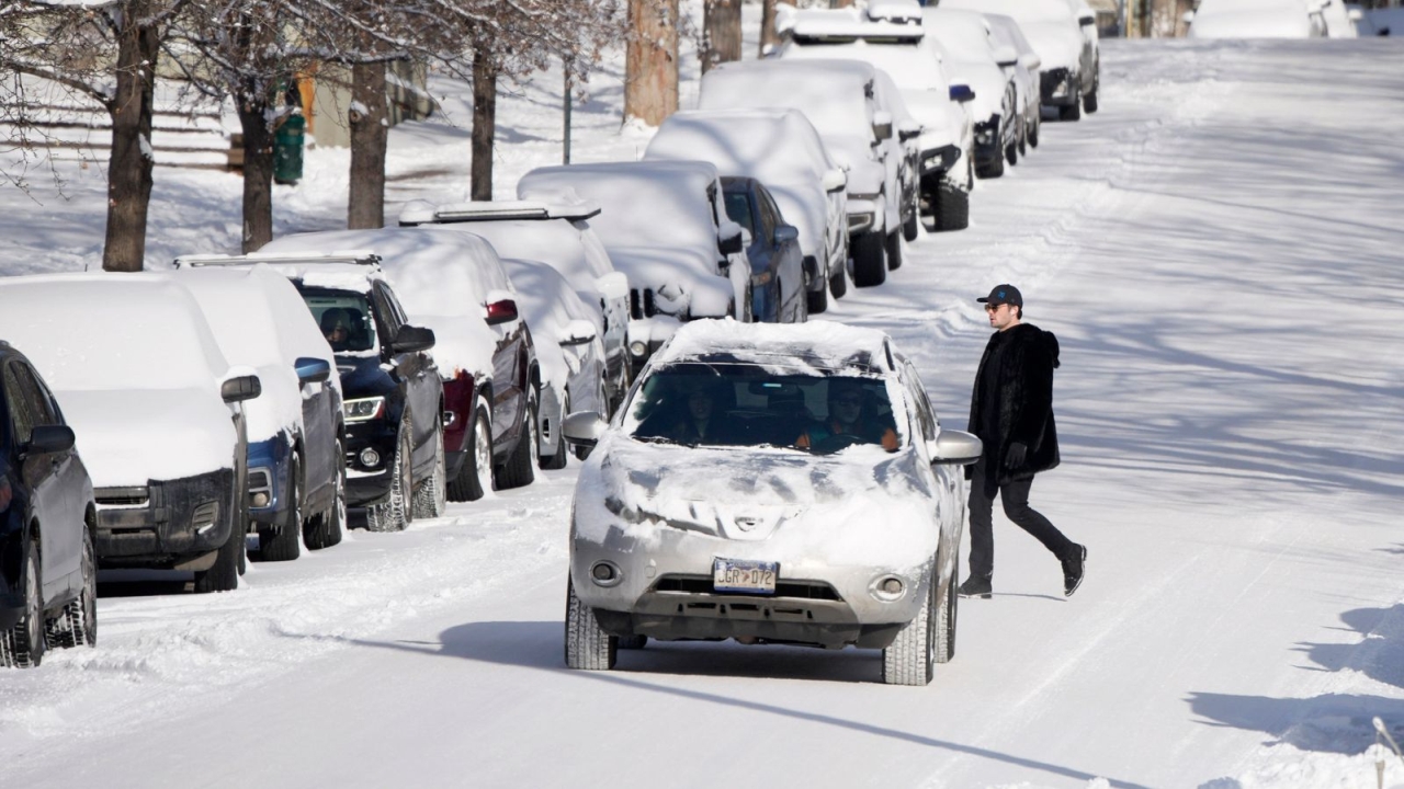 A snow-covered Washington Street in Denver